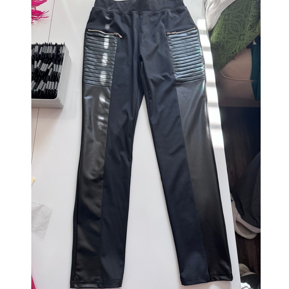 ChicMe Black Moto Leggings Faux Leather Ribbed Panel Zipper Detail Pants Large